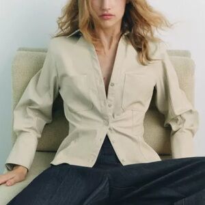 NWT Zara Faux Leather Button Front Long Sleeve Fitted Shirt in Ecru Size XS